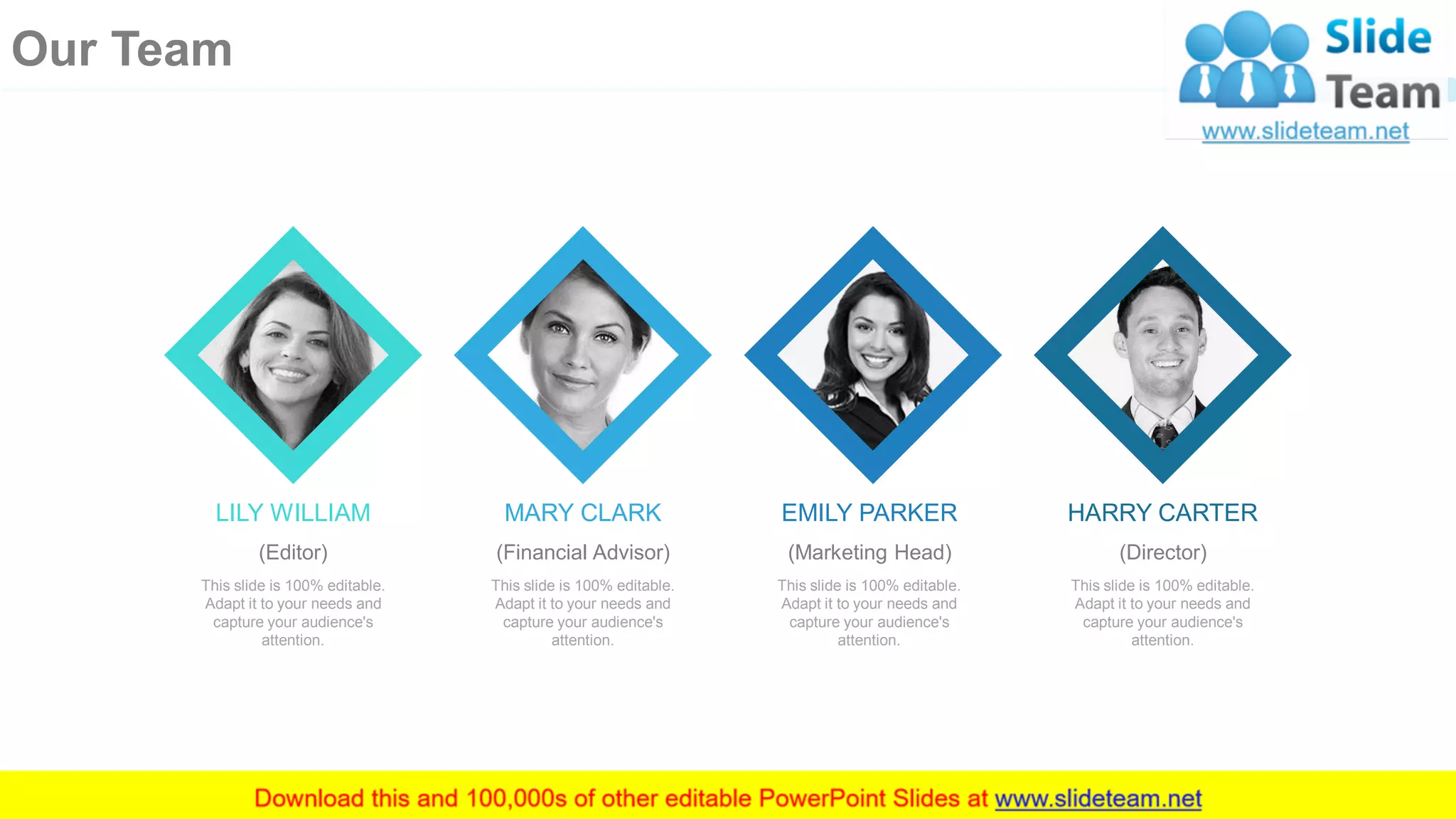 EMILY PARKER
This slide is 100% editable.
Adapt it to your needs and
capture your audience's
attention.
(Marketing Head)
MARY CLARK
This slide is 100% editable.
Adapt it to your needs and
capture your audience's
attention.
(Financial Advisor)
LILY WILLIAM
This slide is 100% editable.
Adapt it to your needs and
capture your audience's
attention.
(Editor)
HARRY CARTER
This slide is 100% editable.
Adapt it to your needs and
capture your audience's
attention.
(Director)
12
Our Team
 