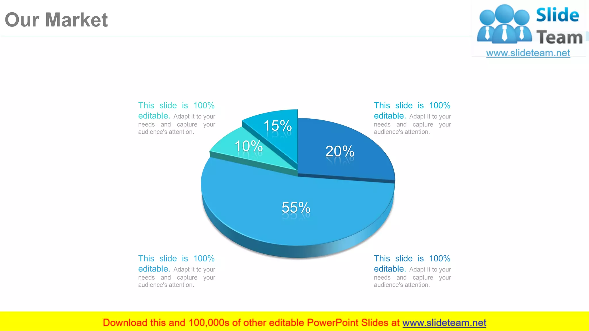 This slide is 100%
editable. Adapt it to your
needs and capture your
audience's attention.
This slide is 100%
editable. Adapt it to your
needs and capture your
audience's attention.
This slide is 100%
editable. Adapt it to your
needs and capture your
audience's attention.
This slide is 100%
editable. Adapt it to your
needs and capture your
audience's attention.
55%
20%
15%
10%
21
Our Market
 
