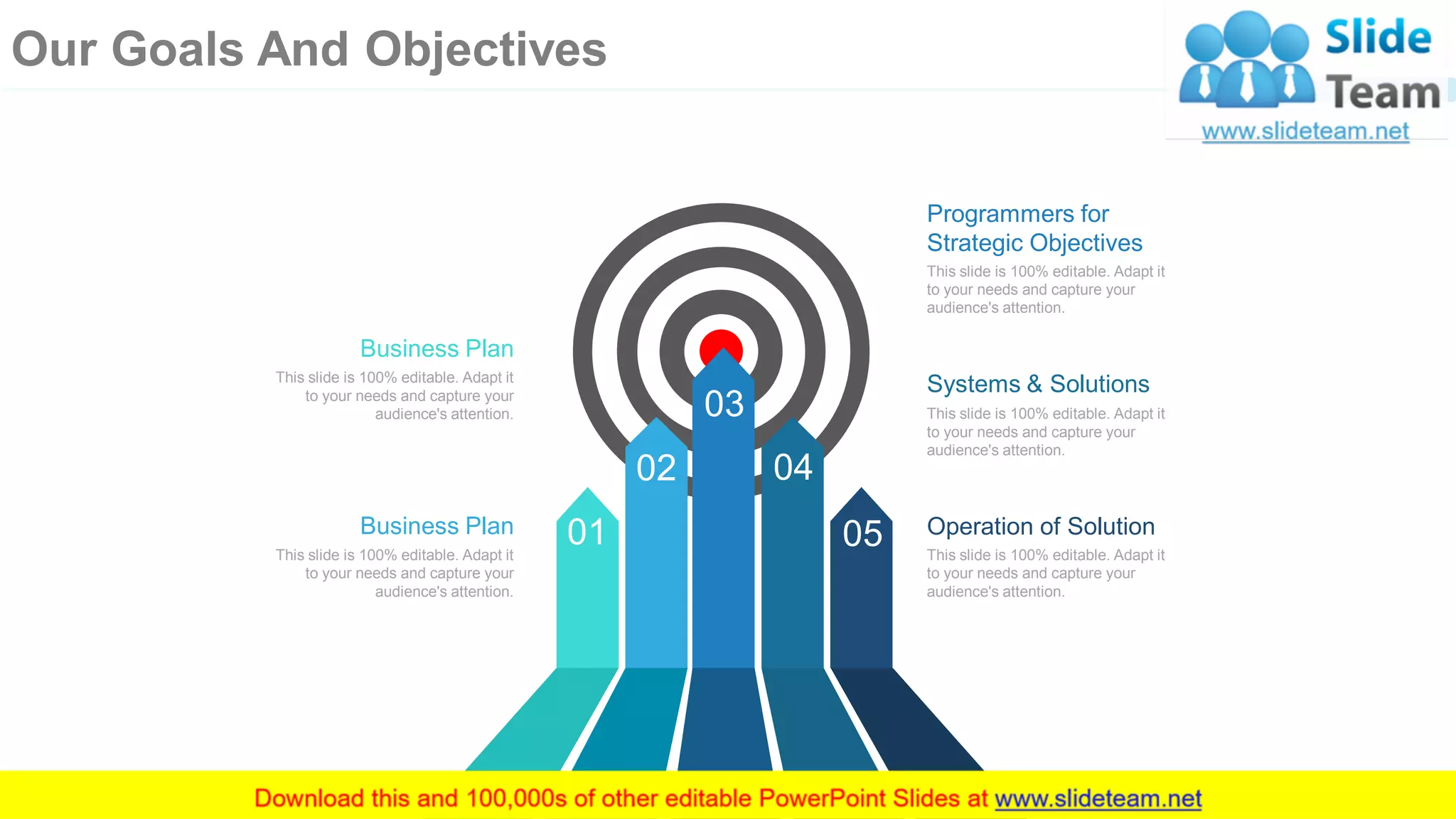 9
This slide is 100% editable. Adapt it
to your needs and capture your
audience's attention.
Programmers for
Strategic Objectives
This slide is 100% editable. Adapt it
to your needs and capture your
audience's attention.
Systems & Solutions
This slide is 100% editable. Adapt it
to your needs and capture your
audience's attention.
Operation of Solution
This slide is 100% editable. Adapt it
to your needs and capture your
audience's attention.
Business Plan
This slide is 100% editable. Adapt it
to your needs and capture your
audience's attention.
Business Plan
01
02
03
04
05
Our Goals And Objectives
 