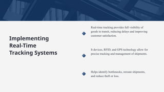 Implementing
Real-Time
Tracking Systems
Real-time tracking provides full visibility of
goods in transit, reducing delays and improving
customer satisfaction.
It devices, RFID, and GPS technology allow for
precise tracking and management of shipments.
Helps identify bottlenecks, reroute shipments,
and reduce theft or loss.
 