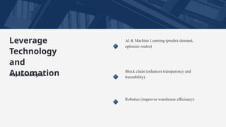 AI & Machine Learning (predict demand,
optimize routes)
Block chain (enhances transparency and
traceability)
Robotics (improves warehouse efficiency)
Leverage
Technology
and
Automation
•Key Technologies:
 