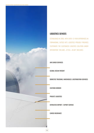 SOUTHERN AIRPORT TRANSPORATION JOIN STOCK COMPANY
11
AIR CARGO SERVICES
GLOBAL OCEAN FREIGHT
DOMESTIC TRUCKING, WAREHOUSE & DISTRIBUTION SERVICES
CUSTOMS BROKER
PROJECT LOGISTICS
ENTRUSTED IMPORT / EXPORT SERVICE
CARGO INSURANCE
ESTABLISHED IN 2006, WITH OVER 13 YEAR-EXPERIENCES IN
FORWARDING, SATSCO INT’L LOGISTICS PROUDLY PROVIDES
CUSTOMERS THE CUSTOMIZED LOGISTICS SOLUTION UNDER
INTEGRATION: “ON LAND – AT SEA – IN AIR”, INCLUDES:
LOGISTICS SEVICES
 