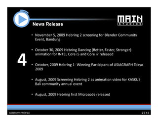 News R l
    N    Release

    • November 5, 2009 Hebring 2 screening for Blender Community 
      Event, Bandung
                d

    • October 30, 2009 Hebring Dancing (Better, Faster, Stronger) 


4
      animation for INTEL Core i5 and Core i7 released
        i ti f INTEL C         i5 d C      i7 l      d

    • October, 2009 Hebring 1‐ Winning Participant of ASIAGRAPH Tokyo 
      2009

    • August, 2009 Screening Hebring 2 as animation video for KASKUS 
      Bali community annual event
      Bali community annual event

    • August, 2009 Hebring first Microsode released
 