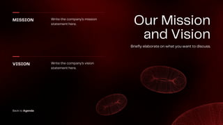 MISSION Write the company's mission
statement here.
VISION Write the company's vision
statement here.
Our Mission
and Vision
Briefly elaborate on what you want to discuss.
Back to Agenda
 