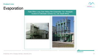 37© Muninmax 2014 | Company Overview | December 2014
section 5
Triple Effect Long Tube Falling Film Evaporator For Pineapple
located at Collondale Cannery Co., Ltd. South Africa
Evaporation
Product Line
 