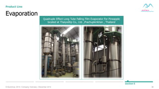 38© Muninmax 2014 | Company Overview | December 2014
section 5
Quadruple Effect Long Tube Falling Film Evaporator For Pineapple
located at Thaiyodtip Co., Ltd. ,Prachupkirikhan , Thailand
Evaporation
Product Line
 