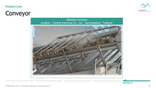 54© Muninmax 2014 | Company Overview | December 2014
section 5
Washing Conveyor
Location : Central Interfood Co., Ltd. , Kanchanaburi, Thailand.
Conveyor
Product Line
 