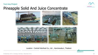 60© Muninmax 2014 | Company Overview | December 2014
section 5
Pineapple Solid And Juice Concentrate
Turn-key Project
Location : Central Interfood Co., Ltd. , Kanchanaburi, Thailand.
 
