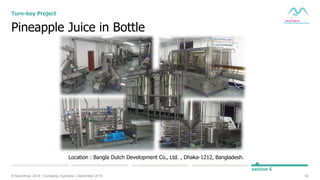 62© Muninmax 2014 | Company Overview | December 2014
section 5
Pineapple Juice in Bottle
Turn-key Project
Location : Bangla Dutch Development Co., Ltd. , Dhaka-1212, Bangladesh.
 