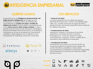 INTELIGENCIAEMPRESARIAL
El departamento de Inteligencia Empresarial (BI, del
ingle!s Business Intelligence) de Pardgroup esta!
formado por un equipo interno de profesionales
especializados en Gestio!n de datos y Ana!lisis de
tableros de control. Nuestro objetivo se puede resumir
como «hacer que los datos tengan sentido», es decir,
permitir que las marcas tomen decisiones estrate!gicas
proporciona!ndoles informacio!n precisa, actualizada e
importante en el marco de referencia. Soluciones BI
versa!tiles y personalizadas para cualquier funcio!n
empresarial: de marketing, comercial o financiera.
QUIÉNES SOMOS LOS SERVICIOS
• Almace!n de datos
Los datos generados por los diferentes sistemas
informa!ticos (Produccio!n, Ventas, Contabilidad, R&S,
CRM, etc.) pueden archivarse en bases de datos y
plataformas de macrodatos especi!ficas que conservan
la calidad informativa.
• Transformacio!n de datos
Adquisicio!n, limpieza y normalizacio!n de datos
presentes en las bases de datos o archivos
heteroge!neos y a menudo desestructurados.
Automatizacio!n, medicio!n, control y ana!lisis de los
resultados y del rendimiento empresarial.
• Visualizacio!n de datos
Herramientas de creacio!n de informes de BI y de
visualizacio!n gra!fica de distintos tipos, tableros de
control dina!micos, estadi!sticas e indicadores
constantemente actualizados y fa!cilmente adaptables,
todo integrado en el proceso de medicio!n-ana!lisis,
decisio!n-accio!n.
SECTORES
CANALES
 