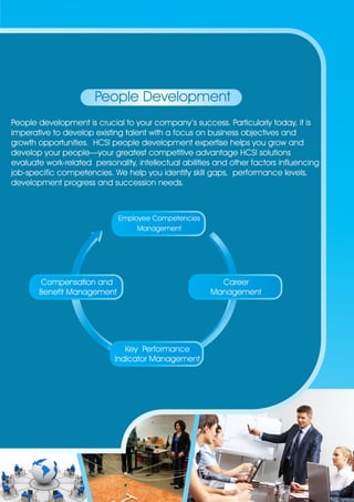 People Development 
People development is crucial to your company’s success. Particularly today, it is 
imperative to develop existing talent with a focus on business objectives and 
growth opportunities. HCSI people development expertise helps you grow and 
develop your people—your greatest competitive advantage HCSI solutions 
evaluate work-related personality, intellectual abilities and other factors influencing 
job-specific competencies. We help you identify skill gaps, performance levels, 
development progress and succession needs. 
Employee Competencies 
Management 
Career 
Management 
Compensation and 
Benefit Management 
Key Performance 
Indicator Management 
 