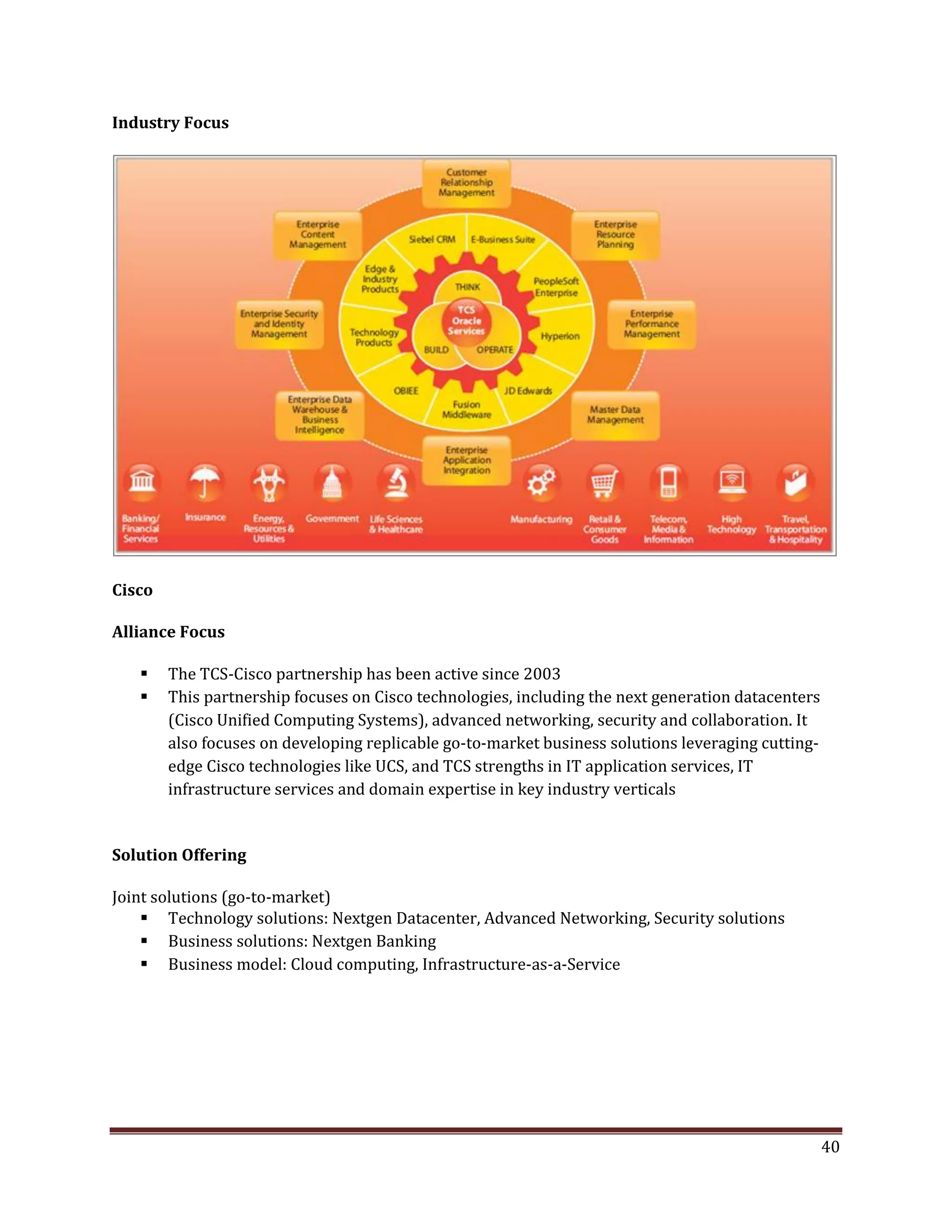 Industry Focus
Cisco
Alliance Focus
The TCS-Cisco partnership has been active since 2003
This partnership focuses on Cisco technologies, including the next generation datacenters
(Cisco Unified Computing Systems), advanced networking, security and collaboration. It
also focuses on developing replicable go-to-market business solutions leveraging cutting-
edge Cisco technologies like UCS, and TCS strengths in IT application services, IT
infrastructure services and domain expertise in key industry verticals
Solution Offering
Joint solutions (go-to-market)
Technology solutions: Nextgen Datacenter, Advanced Networking, Security solutions
Business solutions: Nextgen Banking
Business model: Cloud computing, Infrastructure-as-a-Service
40