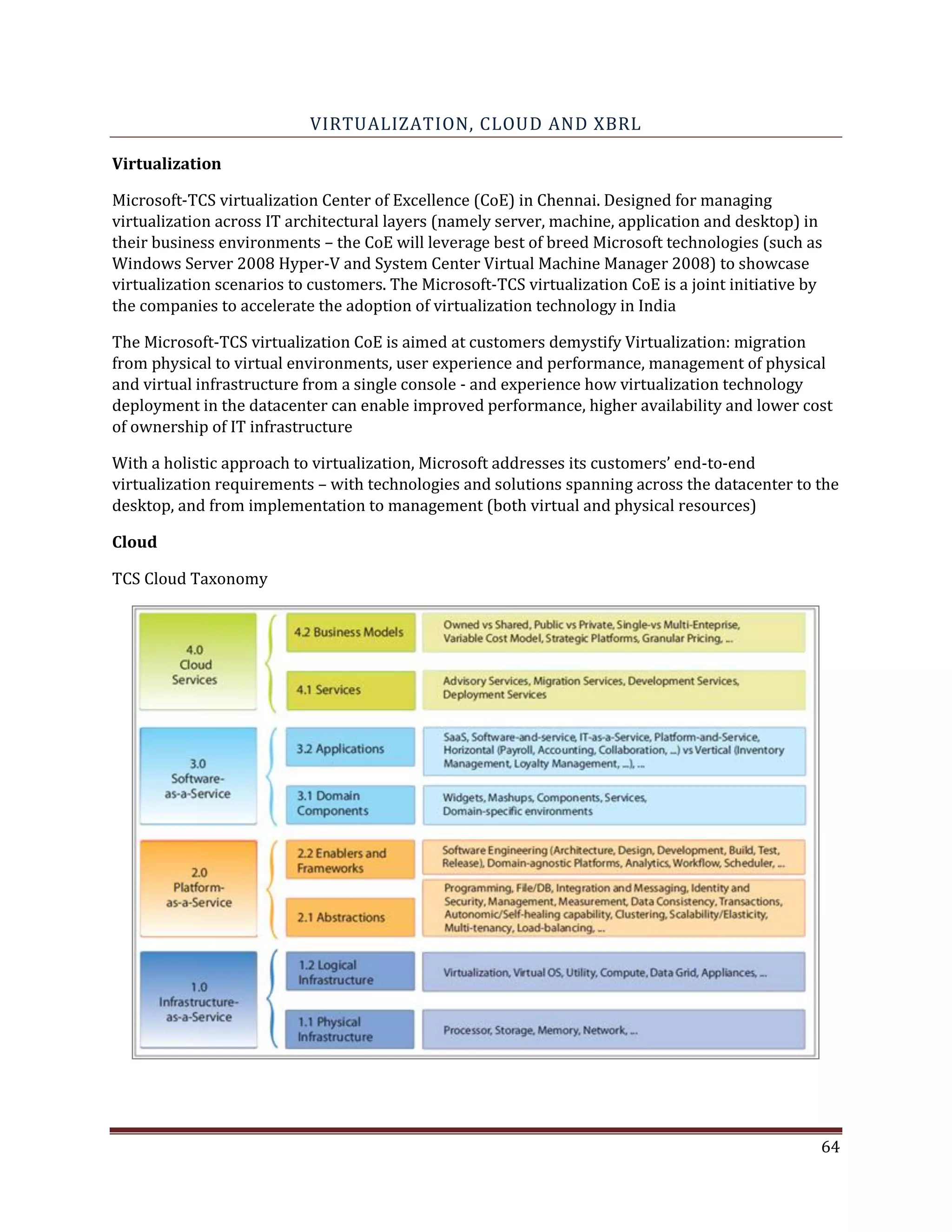 VIRTUALIZATION, CLOUD AND XBRL
Virtualization
Microsoft-TCS virtualization Center of Excellence (CoE) in Chennai. Designed for managing
virtualization across IT architectural layers (namely server, machine, application and desktop) in
their business environments – the CoE will leverage best of breed Microsoft technologies (such as
Windows Server 2008 Hyper-V and System Center Virtual Machine Manager 2008) to showcase
virtualization scenarios to customers. The Microsoft-TCS virtualization CoE is a joint initiative by
the companies to accelerate the adoption of virtualization technology in India
The Microsoft-TCS virtualization CoE is aimed at customers demystify Virtualization: migration
from physical to virtual environments, user experience and performance, management of physical
and virtual infrastructure from a single console - and experience how virtualization technology
deployment in the datacenter can enable improved performance, higher availability and lower cost
of ownership of IT infrastructure
With a holistic approach to virtualization, Microsoft addresses its customers’ end-to-end
virtualization requirements – with technologies and solutions spanning across the datacenter to the
desktop, and from implementation to management (both virtual and physical resources)
Cloud
TCS Cloud Taxonomy
64