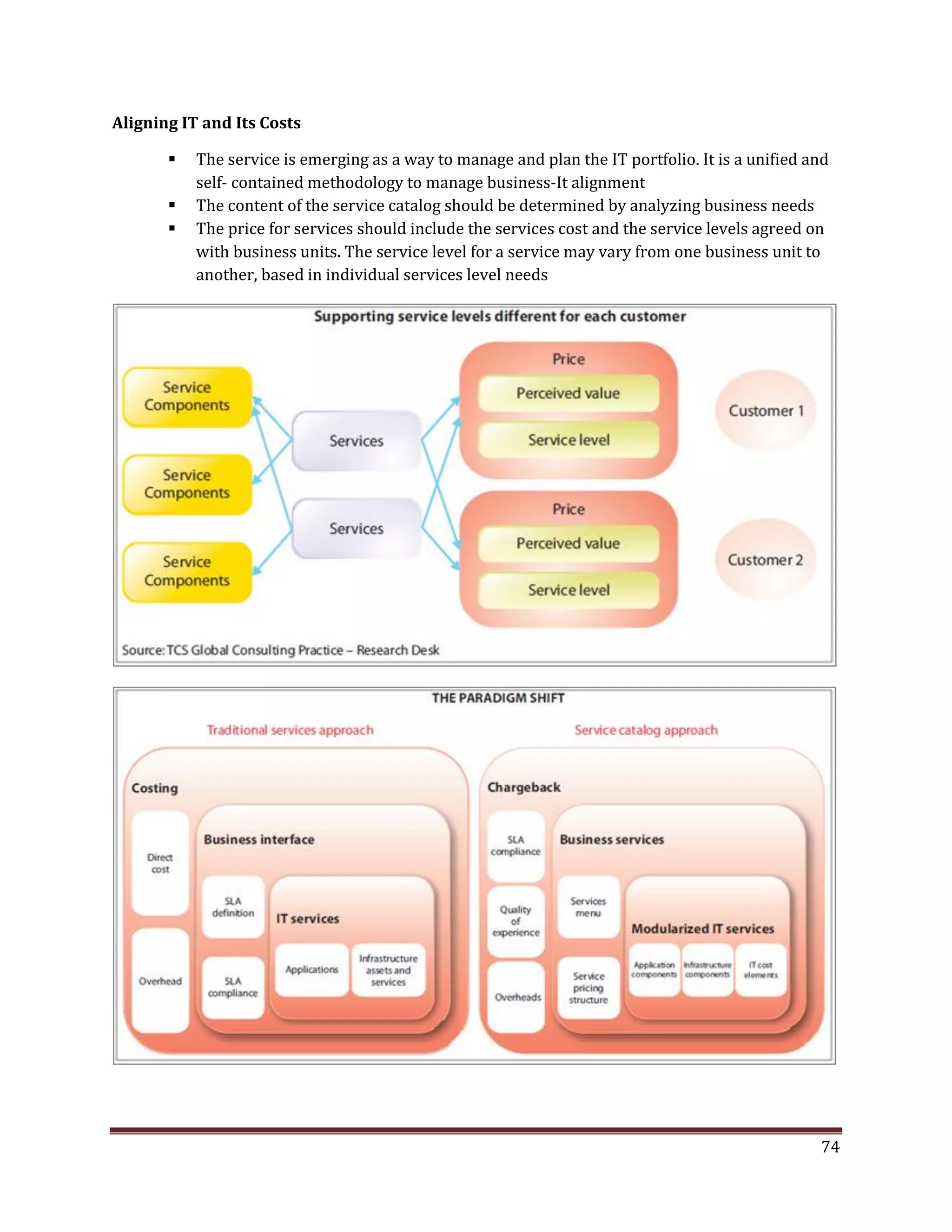 Aligning IT and Its Costs
The service is emerging as a way to manage and plan the IT portfolio. It is a unified and
self- contained methodology to manage business-It alignment
The content of the service catalog should be determined by analyzing business needs
The price for services should include the services cost and the service levels agreed on
with business units. The service level for a service may vary from one business unit to
another, based in individual services level needs
74