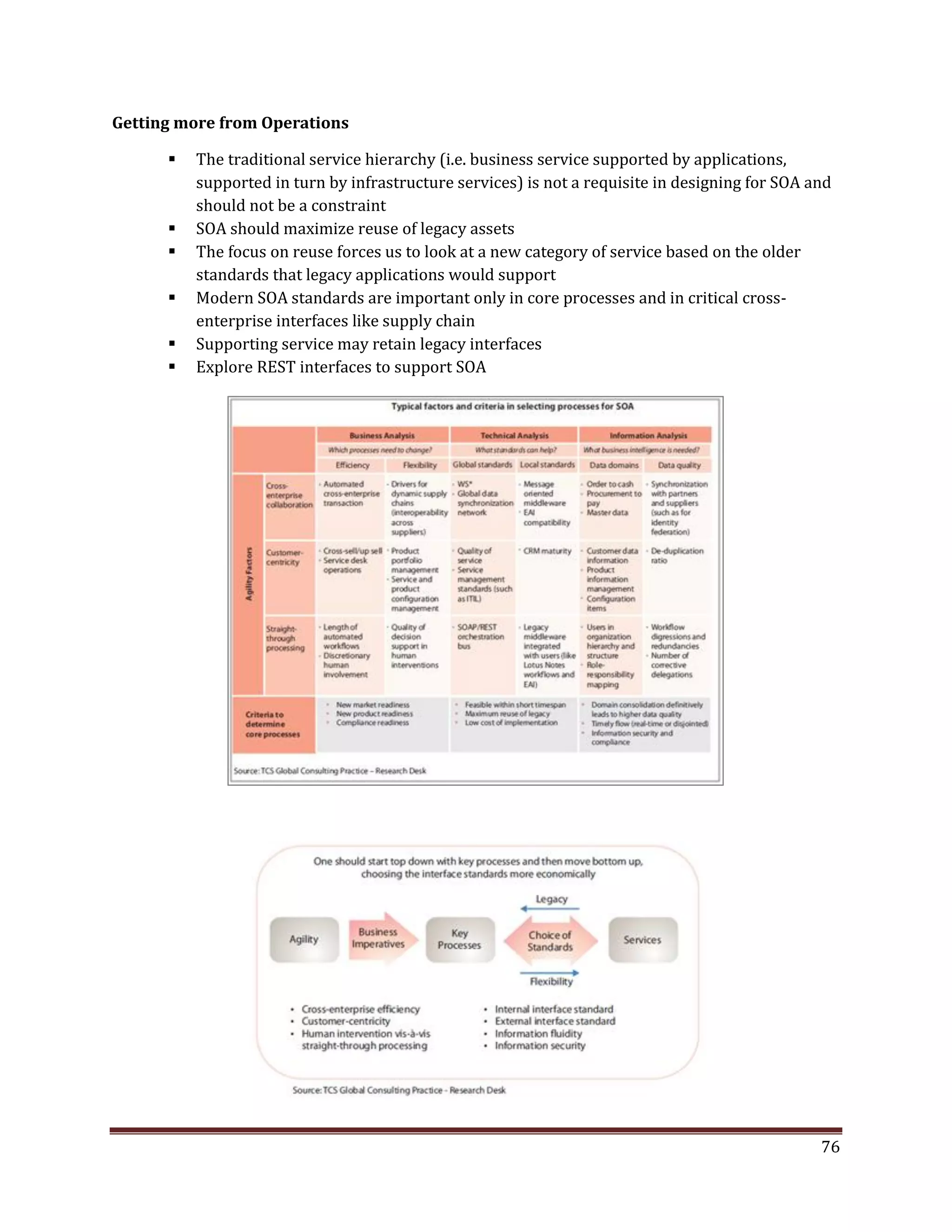 Getting more from Operations
The traditional service hierarchy (i.e. business service supported by applications,
supported in turn by infrastructure services) is not a requisite in designing for SOA and
should not be a constraint
SOA should maximize reuse of legacy assets
The focus on reuse forces us to look at a new category of service based on the older
standards that legacy applications would support
Modern SOA standards are important only in core processes and in critical cross-
enterprise interfaces like supply chain
Supporting service may retain legacy interfaces
Explore REST interfaces to support SOA
76