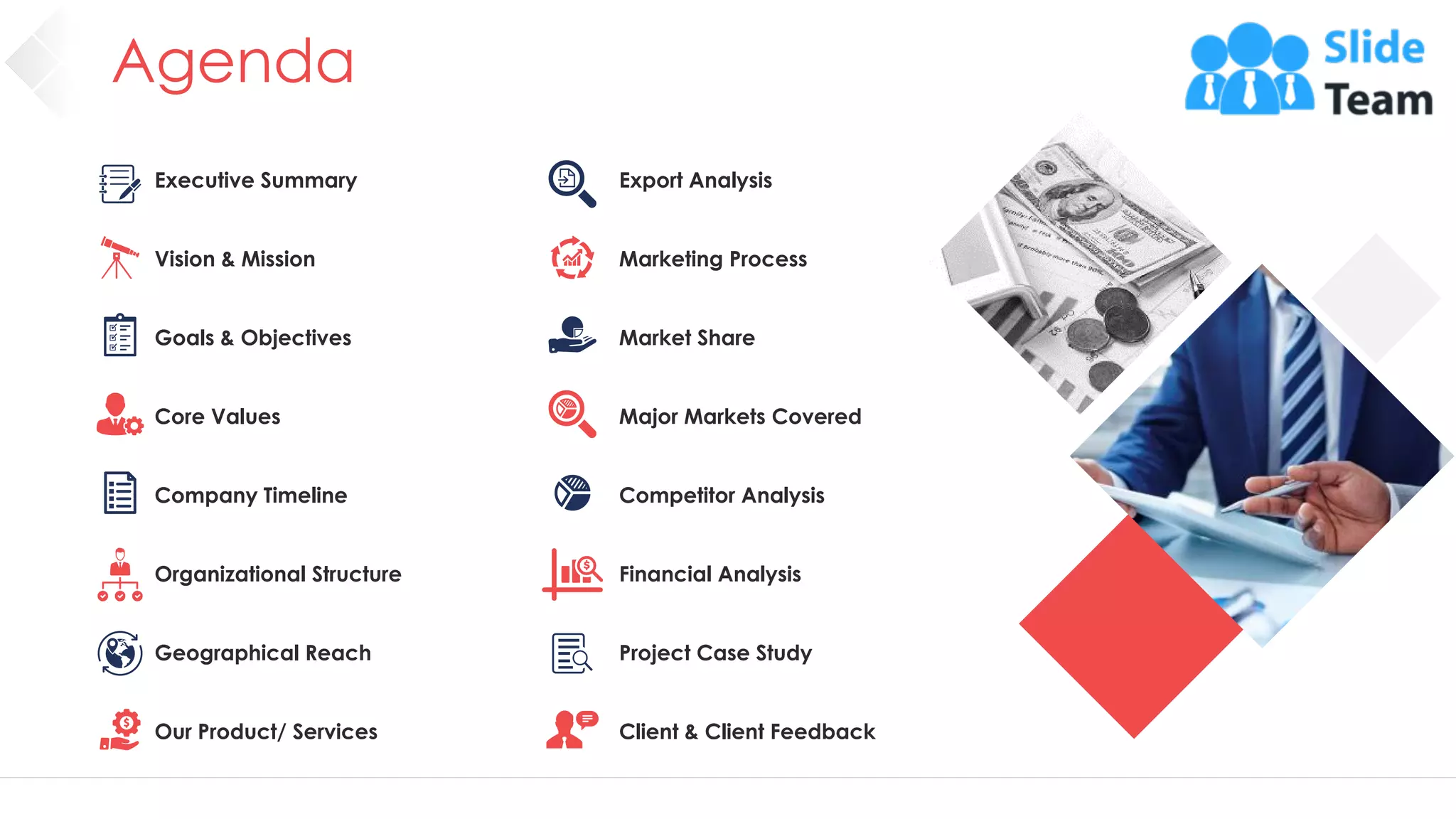 Agenda
2
Executive Summary
Vision & Mission
Goals & Objectives
Core Values
Company Timeline
Organizational Structure
Geographical Reach
Our Product/ Services
Export Analysis
Marketing Process
Market Share
Major Markets Covered
Competitor Analysis
Financial Analysis
Project Case Study
Client & Client Feedback
 