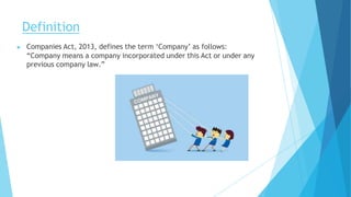Definition
▶ Companies Act, 2013, defines the term ‘Company’ as follows:
“Company means a company incorporated under this Act or under any
previous company law.”
 
