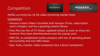 Competition 
Netflix currently has 32.3% video streaming market share 
Competitors 
• Amazon Instant Video is bundled with Amazon Prime, subscription 
cost is cheaper, and has a growing content library 
• Hulu Plus has lots of TV shows, updated almost as soon as show airs, 
however they have advertisements even for paying users 
• HBO GO, an established media company with lots of spending power, 
but currently only has HBO shows 
• Epix, Vudu, Crackle, Cable companies (not a direct competitor) 
 