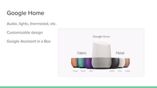 Google Home
Audio, lights, thermostat, etc.
Customizable design
Google Assistant in a Box
 