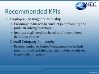 Recommended KPIs
 Employee – Manager relationship
 Encourage managers to conduct joint planning and
problem solving meetings
 Institute at all possible shared and/or combined
definition of roles
 Overall Company Philosophy
 Recommended to Senior Management to include
importance of stakeholders, and not focus only on
shareholder interests
MECInternational
 