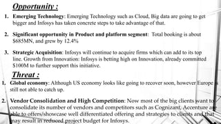 Opportunity :
1. Emerging Technology: Emerging Technology such as Cloud, Big data are going to get
bigger and Infosys has taken concrete steps to take advantage of that.
2. Significant opportunity in Product and platform segment: Total booking is about
$685MN, and grew by 12.4%
3. Strategic Acquisition: Infosys will continue to acquire firms which can add to its top
line. Growth from Innovation: Infosys is betting high on Innovation, already committed
$100M to further support this initiative.
Threat :
1. Global economy: Although US economy looks like going to recover soon, however Europe is
still not able to catch up.
2. Vendor Consolidation and High Competition: Now most of the big clients want to
consolidate its number of vendors and competitors such as Cognizant, Accenture are
able to offers/showcase well differentiated offering and strategies to clients and that
may result in reduced project budget for Infosys.
 