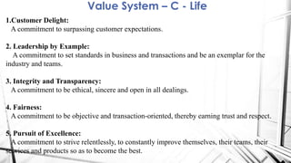 Value System – C - Life
1.Customer Delight:
A commitment to surpassing customer expectations.
2. Leadership by Example:
A commitment to set standards in business and transactions and be an exemplar for the
industry and teams.
3. Integrity and Transparency:
A commitment to be ethical, sincere and open in all dealings.
4. Fairness:
A commitment to be objective and transaction-oriented, thereby earning trust and respect.
5. Pursuit of Excellence:
A commitment to strive relentlessly, to constantly improve themselves, their teams, their
services and products so as to become the best.
 