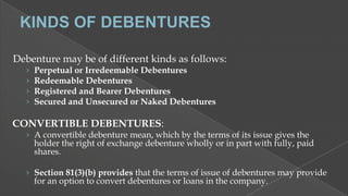 Debenture may be of different kinds as follows:
›
›
›
›

Perpetual or Irredeemable Debentures
Redeemable Debentures
Registered and Bearer Debentures
Secured and Unsecured or Naked Debentures

CONVERTIBLE DEBENTURES:

› A convertible debenture mean, which by the terms of its issue gives the

holder the right of exchange debenture wholly or in part with fully, paid
shares.

› Section 81(3)(b) provides that the terms of issue of debentures may provide

for an option to convert debentures or loans in the company.

 