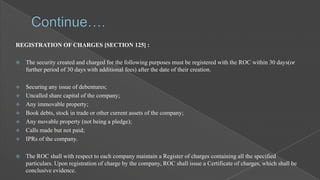 REGISTRATION OF CHARGES [SECTION 125] :


The security created and charged for the following purposes must be registered with the ROC within 30 days(or
further period of 30 days with additional fees) after the date of their creation.



Securing any issue of debentures;
Uncalled share capital of the company;
Any immovable property;
Book debts, stock in trade or other current assets of the company;
Any movable property (not being a pledge);
Calls made but not paid;
IPRs of the company.











The ROC shall with respect to each company maintain a Register of charges containing all the specified
particulars. Upon registration of charge by the company, ROC shall issue a Certificate of charges, which shall be
conclusive evidence.

 