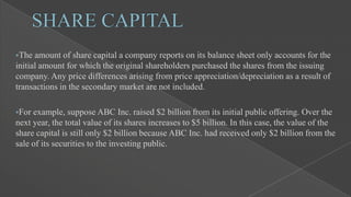 The

amount of share capital a company reports on its balance sheet only accounts for the
initial amount for which the original shareholders purchased the shares from the issuing
company. Any price differences arising from price appreciation/depreciation as a result of
transactions in the secondary market are not included.
For

example, suppose ABC Inc. raised $2 billion from its initial public offering. Over the
next year, the total value of its shares increases to $5 billion. In this case, the value of the
share capital is still only $2 billion because ABC Inc. had received only $2 billion from the
sale of its securities to the investing public.

 