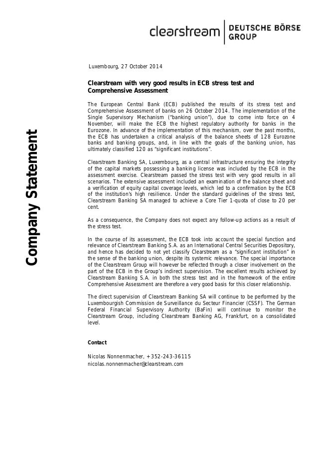 Statement Clearstream Passes Ecb Stress Test