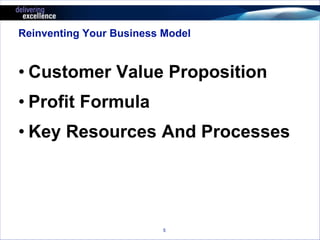 Reinventing Your Business Model 
• Customer Value Proposition 
• Profit Formula 
• Key Resources And Processes 
5 
 