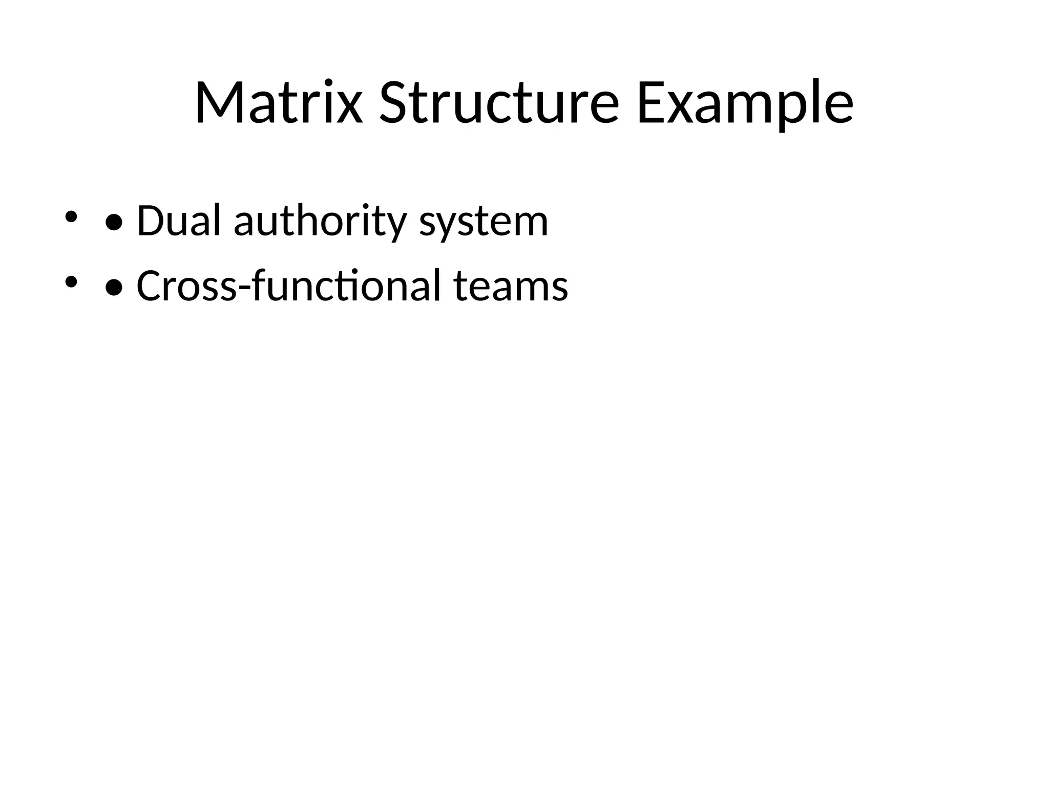 Matrix Structure Example
• • Dual authority system
• • Cross-functional teams
 