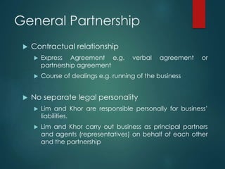 General Partnership
 Contractual relationship
 Express Agreement e.g. verbal agreement or
partnership agreement
 Course of dealings e.g. running of the business
 No separate legal personality
 Lim and Khor are responsible personally for business’
liabilities.
 Lim and Khor carry out business as principal partners
and agents (representatives) on behalf of each other
and the partnership
 