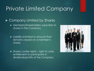 Private Limited Company
 Company Limited by Shares
 Members/Shareholders subscribe to
shares in the Company
 Liability is limited to amount that
remains unpaid on a member’s
shares
 Shares confer rights – right to vote,
entitlement to participate in
dividends/profits of the Company
 
