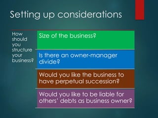 Setting up considerations
How
should
you
structure
your
business?
Size of the business?
Is there an owner-manager
divide?
Would you like the business to
have perpetual succession?
Would you like to be liable for
others’ debts as business owner?
 