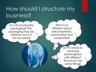 How should I structure my
business?
What is so
different about
sole proprietors,
partnerships and
companies?
Isn’t it similar to
choosing
xiaolongbaos
with different
flavors but the
same filling?
Isn’t structuring like
packaging? The
packaging may be
different, but is it
not the same?
 