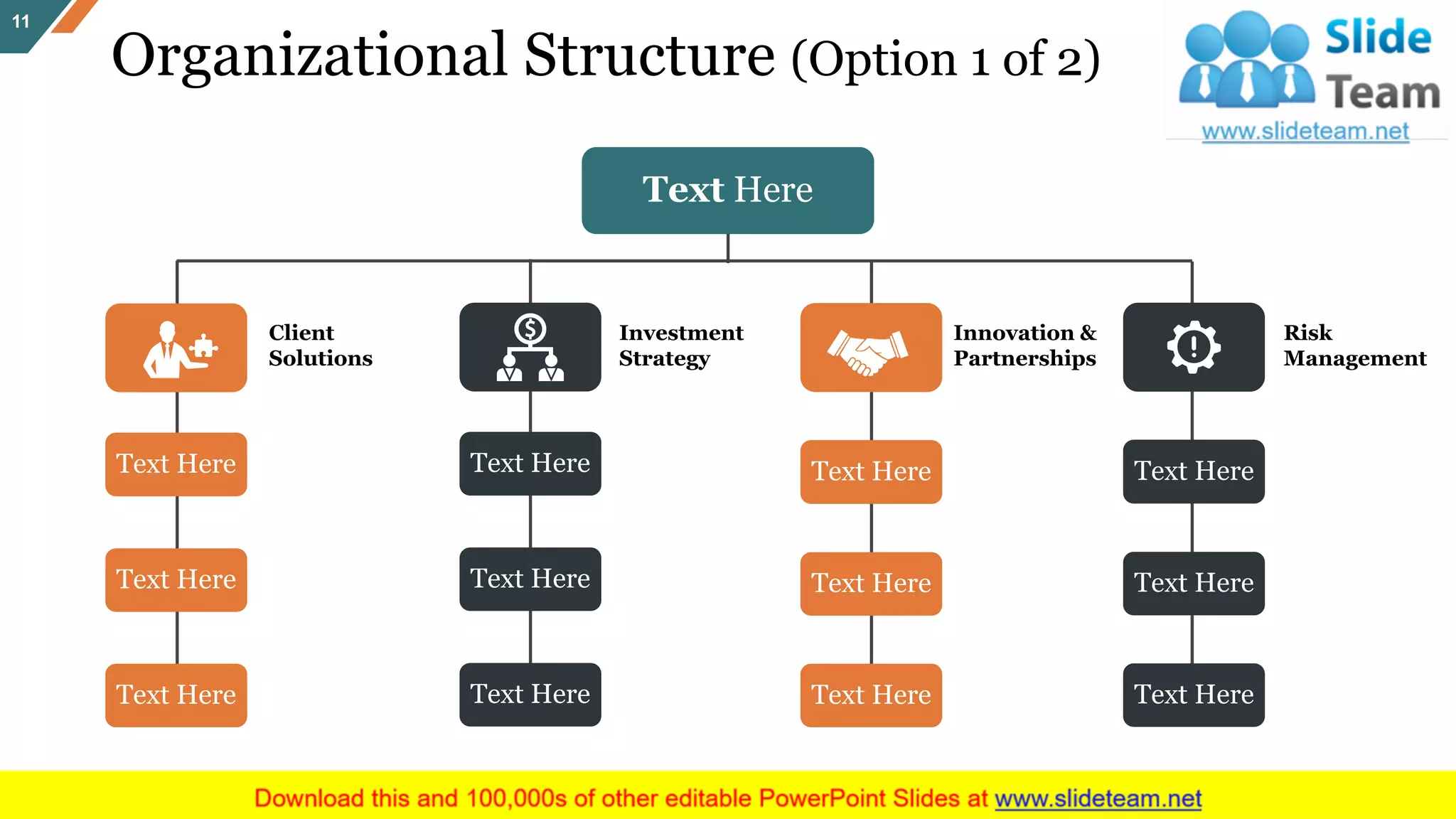 Organizational Structure (Option 1 of 2)
11
Risk
Management
Innovation &
Partnerships
Client
Solutions
Investment
Strategy
Text Here
Text Here
Text Here
Text Here
Text Here
Text Here
Text Here
Text Here
Text Here
Text Here
Text Here
Text Here
Text Here
 