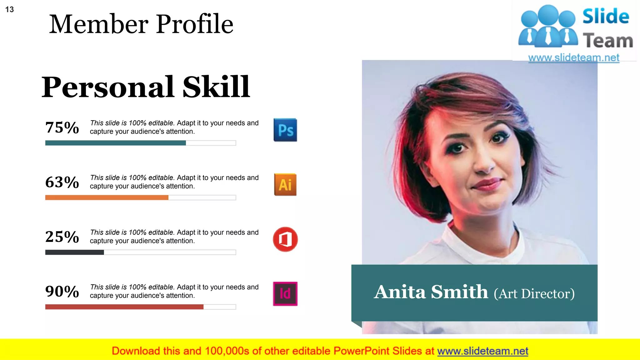 Member Profile
Anita Smith (Art Director)
Personal Skill
75% This slide is 100% editable. Adapt it to your needs and
capture your audience's attention.
63% This slide is 100% editable. Adapt it to your needs and
capture your audience's attention.
25% This slide is 100% editable. Adapt it to your needs and
capture your audience's attention.
90% This slide is 100% editable. Adapt it to your needs and
capture your audience's attention.
13
 