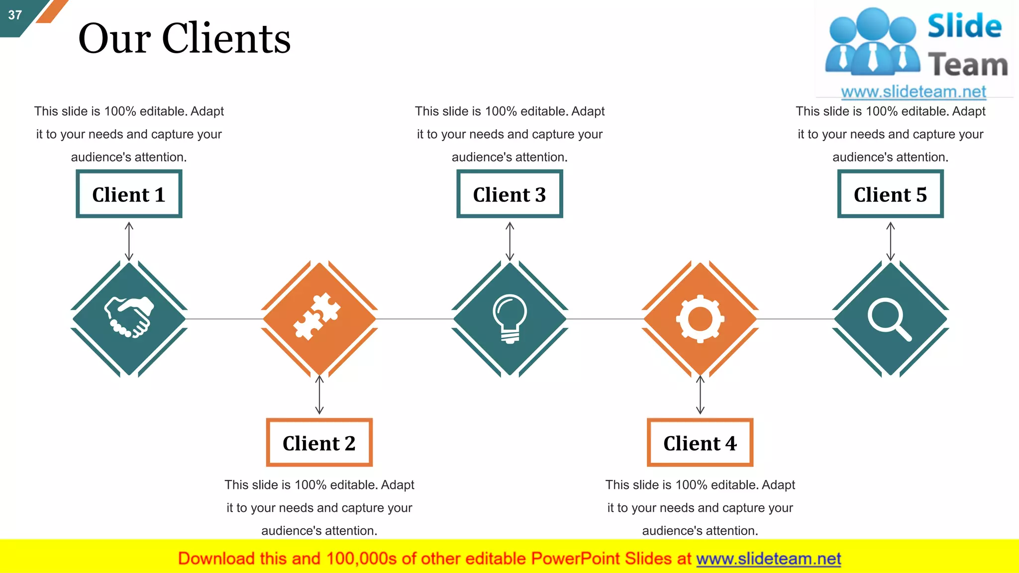 Our Clients
37
This slide is 100% editable. Adapt
it to your needs and capture your
audience's attention.
Client 1
This slide is 100% editable. Adapt
it to your needs and capture your
audience's attention.
Client 3
This slide is 100% editable. Adapt
it to your needs and capture your
audience's attention.
Client 5
Client 2
This slide is 100% editable. Adapt
it to your needs and capture your
audience's attention.
Client 4
This slide is 100% editable. Adapt
it to your needs and capture your
audience's attention.
 
