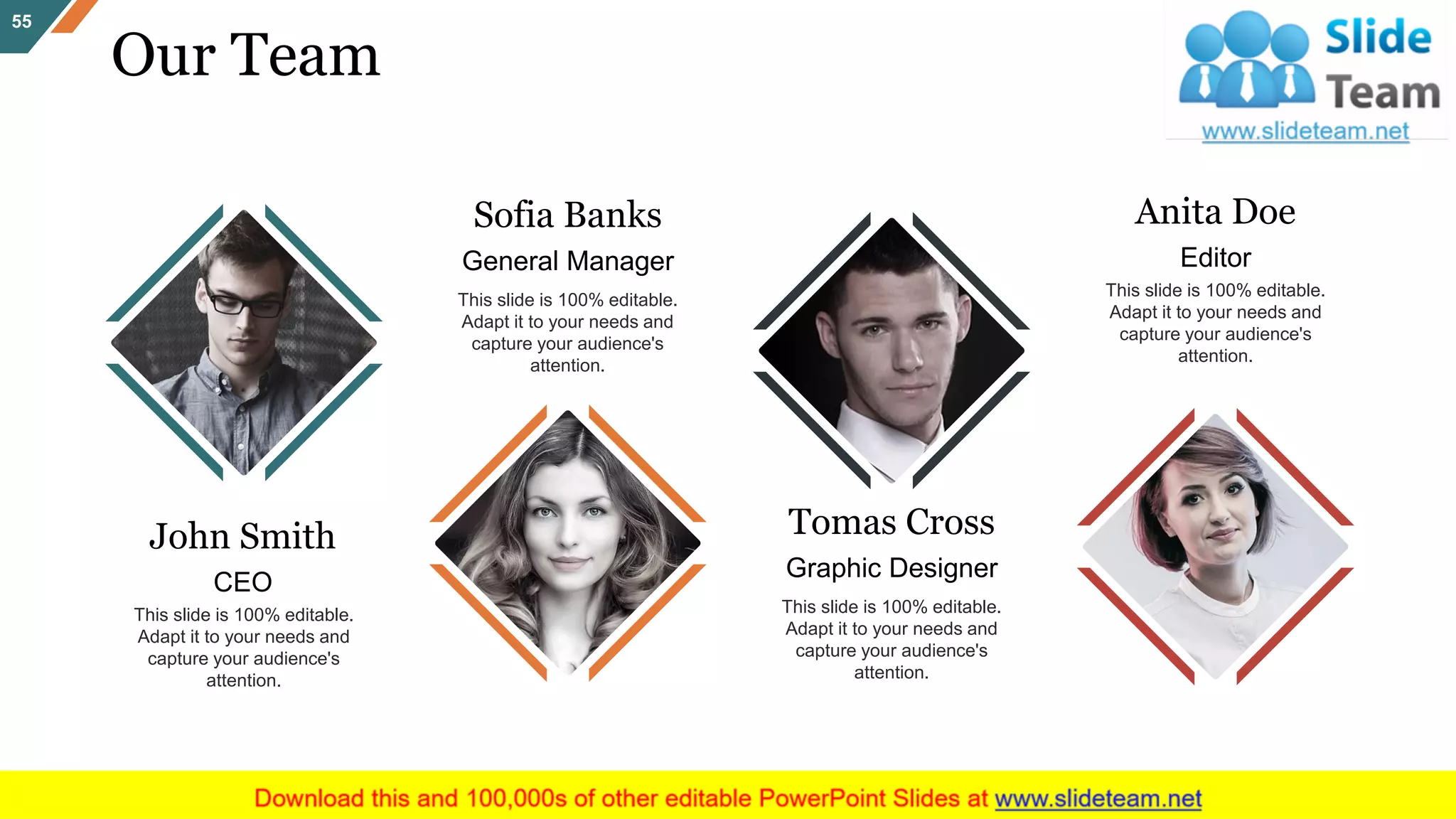 John Smith
CEO
This slide is 100% editable.
Adapt it to your needs and
capture your audience's
attention.
Sofia Banks
General Manager
This slide is 100% editable.
Adapt it to your needs and
capture your audience's
attention.
Tomas Cross
Graphic Designer
This slide is 100% editable.
Adapt it to your needs and
capture your audience's
attention.
Anita Doe
Editor
This slide is 100% editable.
Adapt it to your needs and
capture your audience's
attention.
Our Team
55
 