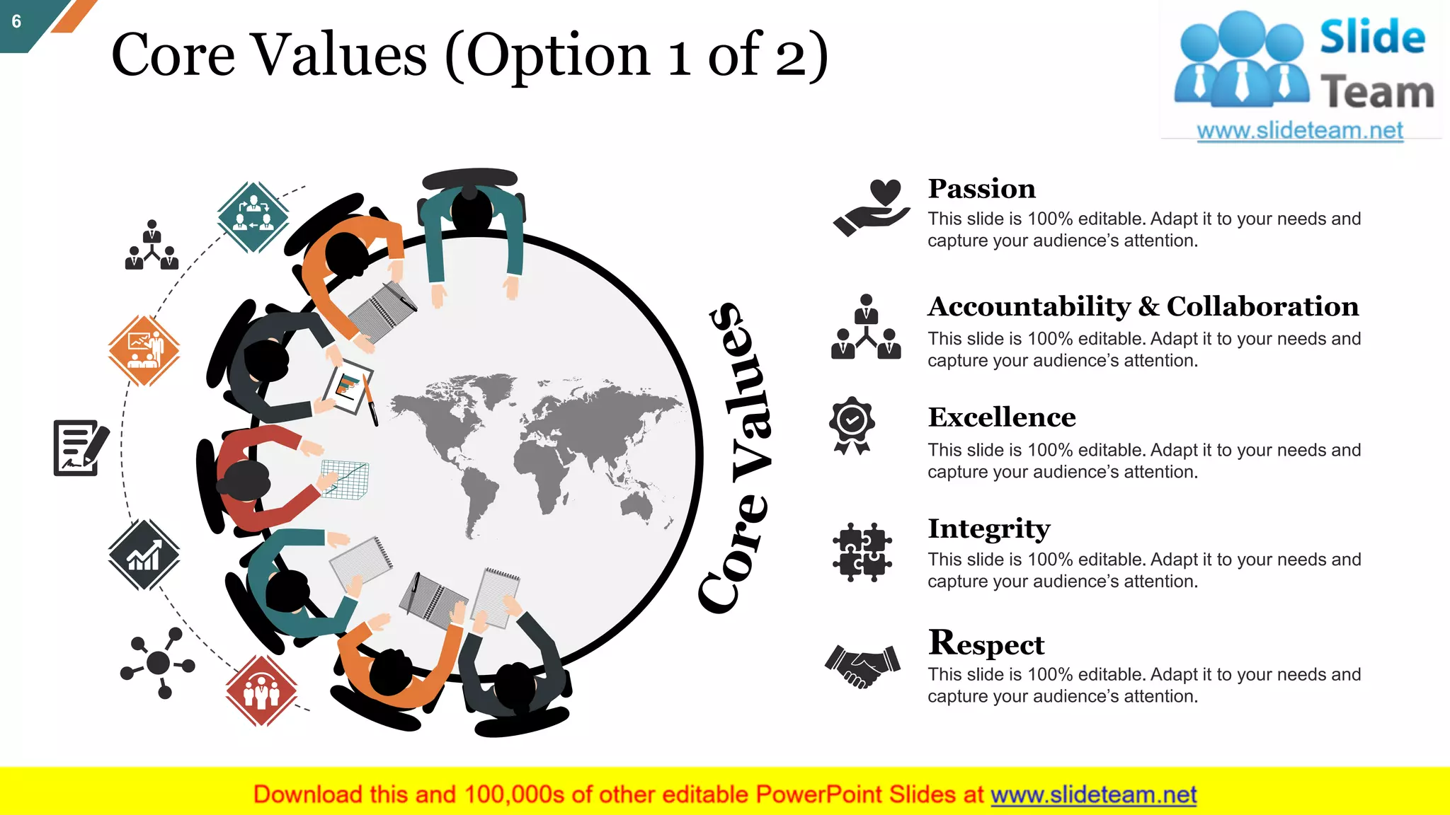 Core Values (Option 1 of 2)
6
Passion
This slide is 100% editable. Adapt it to your needs and
capture your audience’s attention.
Accountability & Collaboration
This slide is 100% editable. Adapt it to your needs and
capture your audience’s attention.
Excellence
This slide is 100% editable. Adapt it to your needs and
capture your audience’s attention.
Integrity
This slide is 100% editable. Adapt it to your needs and
capture your audience’s attention.
Respect
This slide is 100% editable. Adapt it to your needs and
capture your audience’s attention.
 