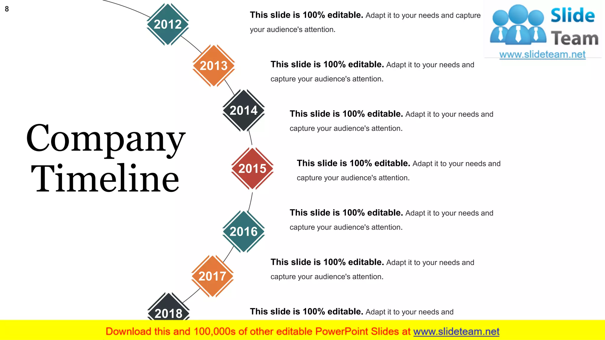 8
Company
Timeline
This slide is 100% editable. Adapt it to your needs and capture
your audience's attention.
This slide is 100% editable. Adapt it to your needs and
capture your audience's attention.
This slide is 100% editable. Adapt it to your needs and
capture your audience's attention.
This slide is 100% editable. Adapt it to your needs and
capture your audience's attention.
This slide is 100% editable. Adapt it to your needs and
capture your audience's attention.
This slide is 100% editable. Adapt it to your needs and
capture your audience's attention.
This slide is 100% editable. Adapt it to your needs and
capture your audience's attention.
2013
2014
2015
2016
2017
2018
2012
 