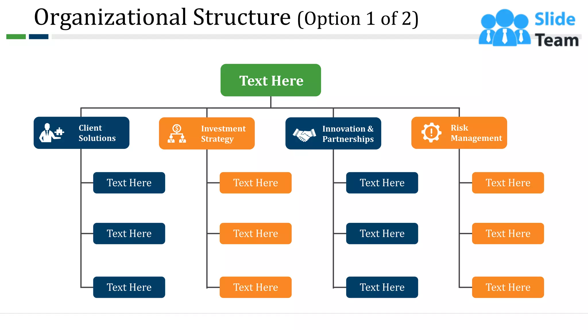 Organizational Structure (Option 1 of 2)
Text Here
Text Here
Text Here
Text Here
Text Here
Text Here
Text Here
Text Here
Text Here
Text Here
Text Here
Text Here
Text Here
Investment
Strategy
Client
Solutions
Innovation &
Partnerships
Risk
Management
11
 