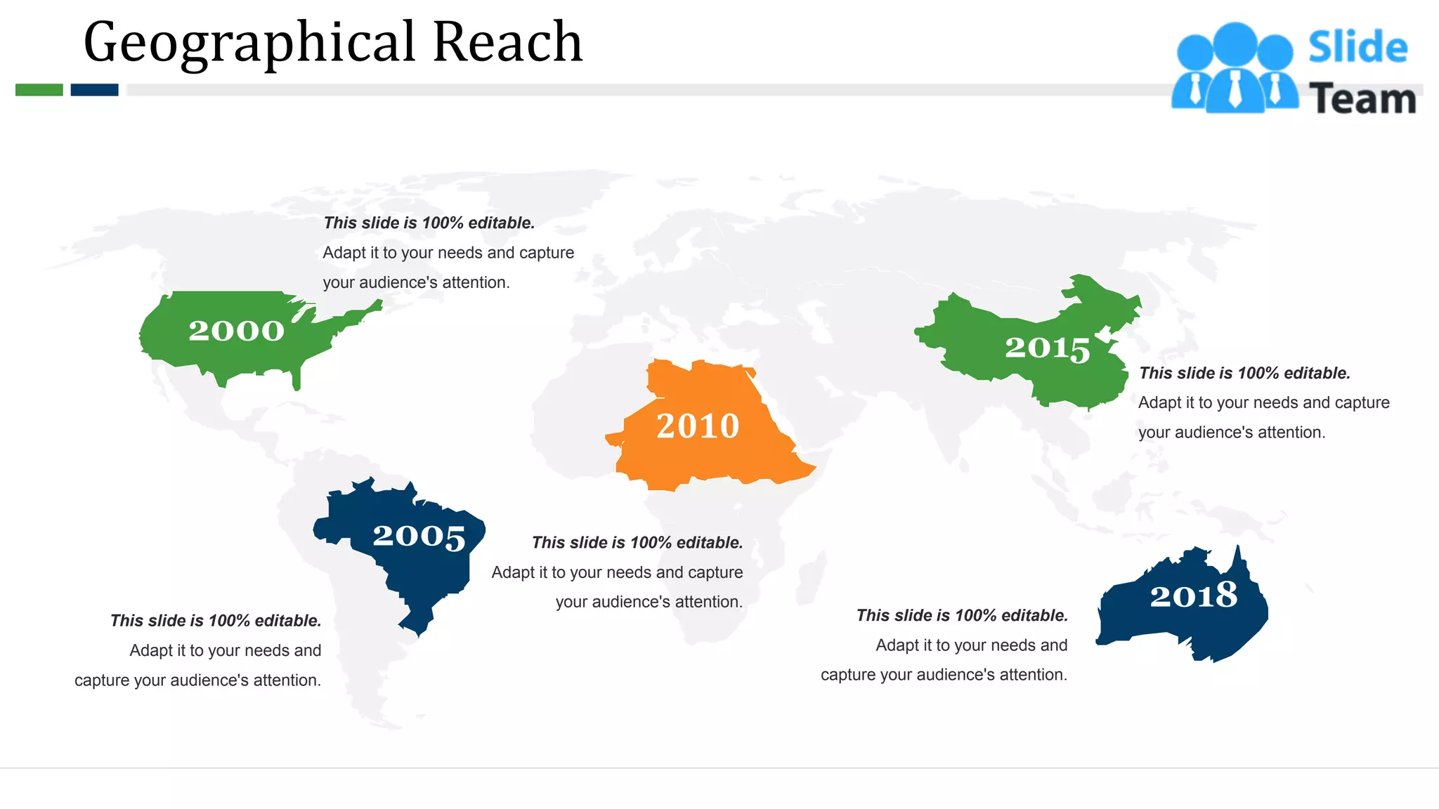 Geographical Reach
2000
2005
2015
2018
2010
This slide is 100% editable.
Adapt it to your needs and capture
your audience's attention.
This slide is 100% editable.
Adapt it to your needs and capture
your audience's attention.
This slide is 100% editable.
Adapt it to your needs and
capture your audience's attention.
This slide is 100% editable.
Adapt it to your needs and capture
your audience's attention.
This slide is 100% editable.
Adapt it to your needs and
capture your audience's attention.
14
 