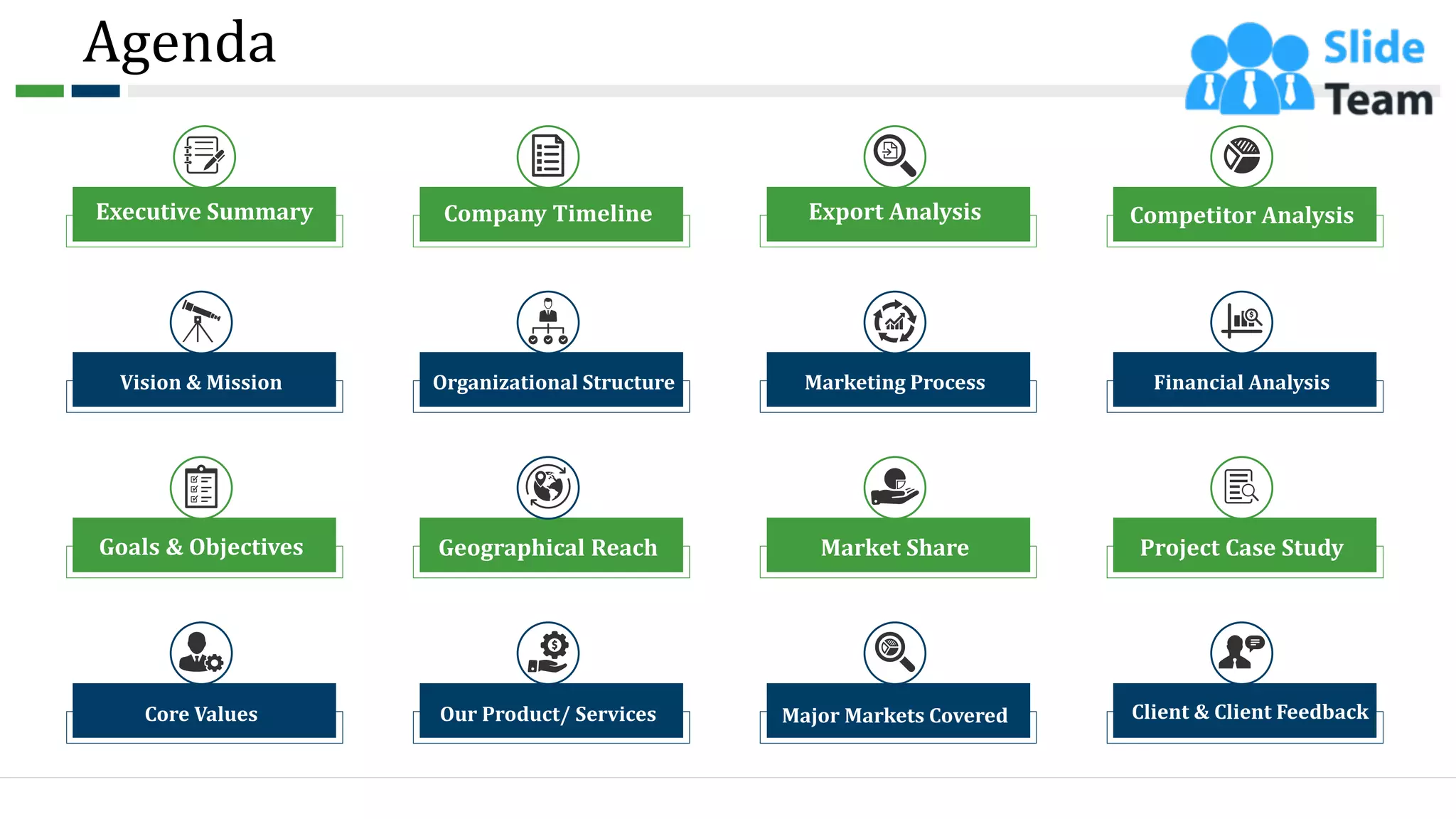 Agenda
Executive Summary
Vision & Mission
Goals & Objectives
Core Values
Company Timeline
Organizational Structure
Geographical Reach
Our Product/ Services
Export Analysis
Marketing Process
Market Share
Major Markets Covered
Competitor Analysis
Financial Analysis
Project Case Study
Client & Client Feedback
2
 