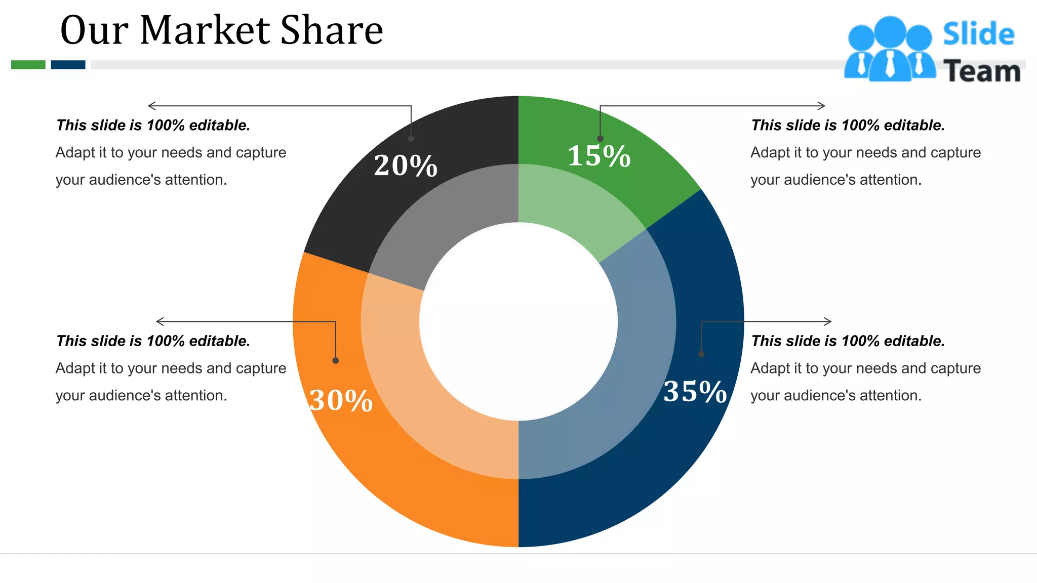 Our Market Share
15%
35%
30%
20%
This slide is 100% editable.
Adapt it to your needs and capture
your audience's attention.
This slide is 100% editable.
Adapt it to your needs and capture
your audience's attention.
This slide is 100% editable.
Adapt it to your needs and capture
your audience's attention.
This slide is 100% editable.
Adapt it to your needs and capture
your audience's attention.
26
 