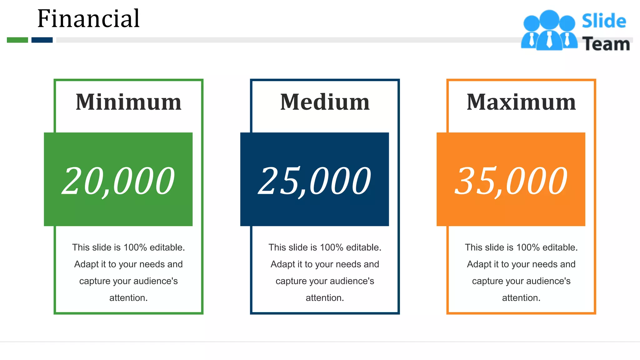 Financial
This slide is 100% editable.
Adapt it to your needs and
capture your audience's
attention.
20,000
Minimum
This slide is 100% editable.
Adapt it to your needs and
capture your audience's
attention.
25,000
Medium
This slide is 100% editable.
Adapt it to your needs and
capture your audience's
attention.
35,000
Maximum
59
 