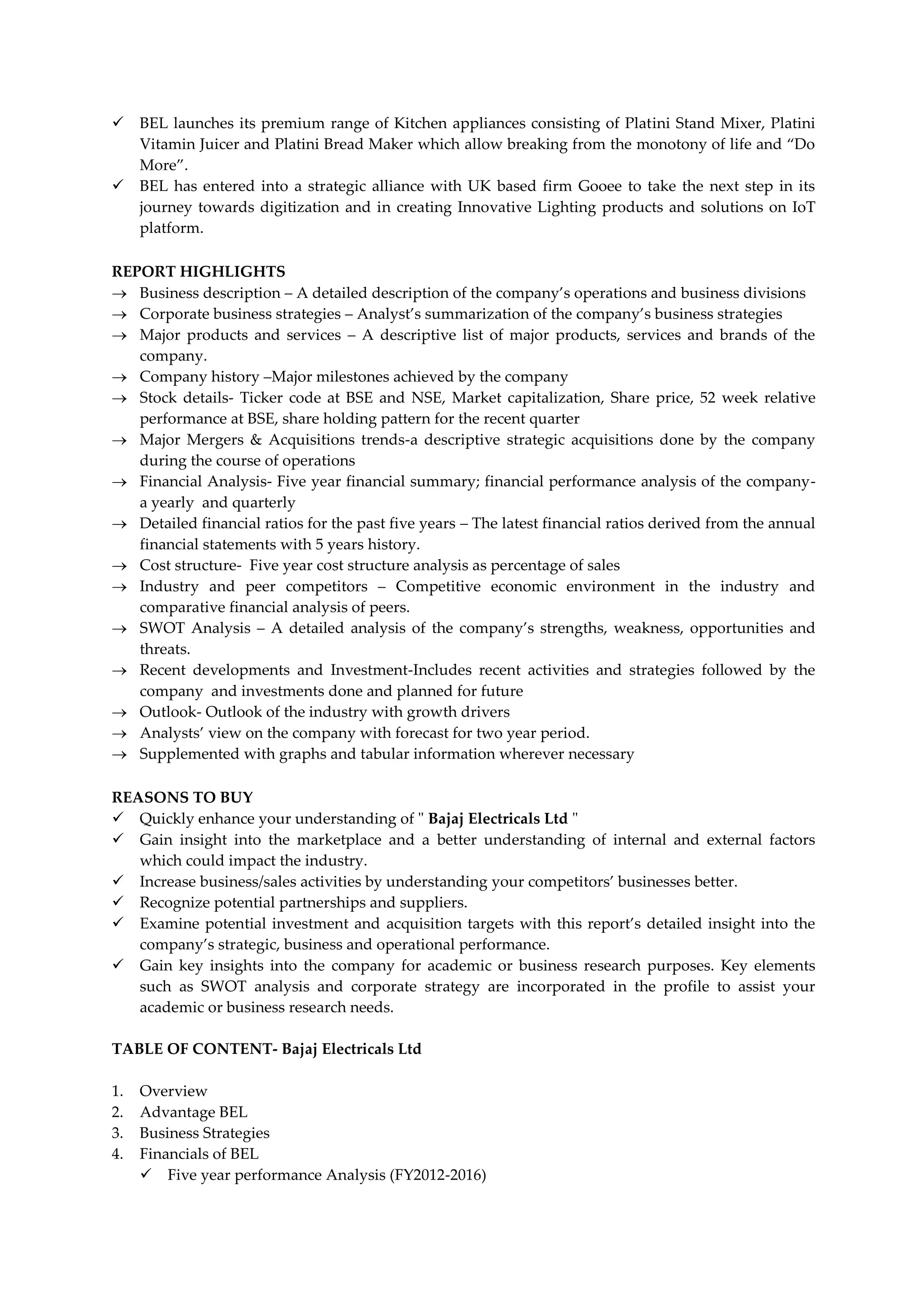 Bajaj Electricals Ltd- Company Profile & Financial Analysis | PDF