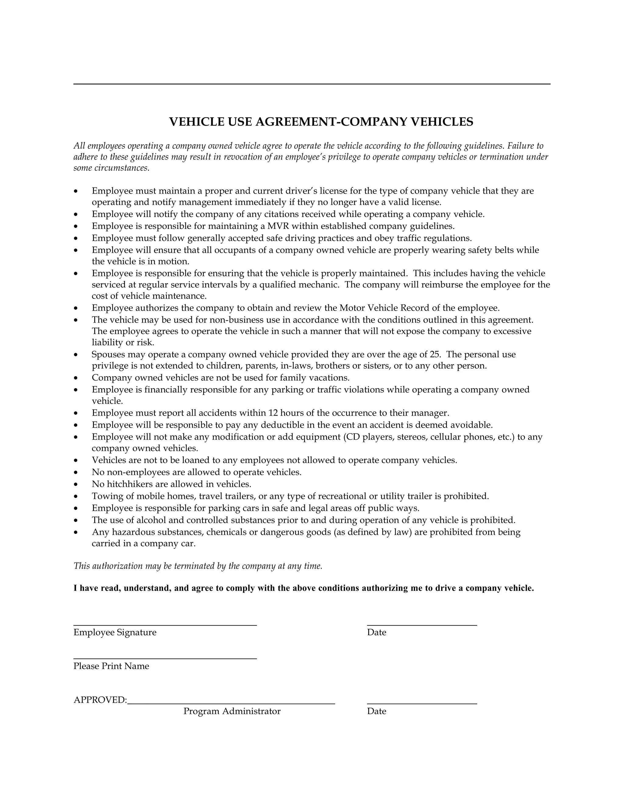 Company Vehicle Use Agreement | DOC