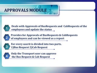 APPROVALS MODULE
Only the Transport user can approve
the Bus Request & Cab Request
Deals with Approvals of BusRequests and CabRequests of the
employees and update the status1
Provides for Approvals of BusRequests & CabRequests
of employees and can be viewed as a report2
For every userit is divided into two parts.
1)Bus Request 2)Cab Request3
4
 